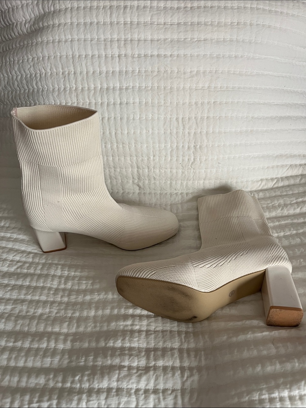 Cream Knit Block-Heel Ankle Boots - Women's